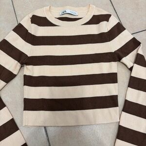 Zara Beige and Brown Striped Crew Neck Sweater